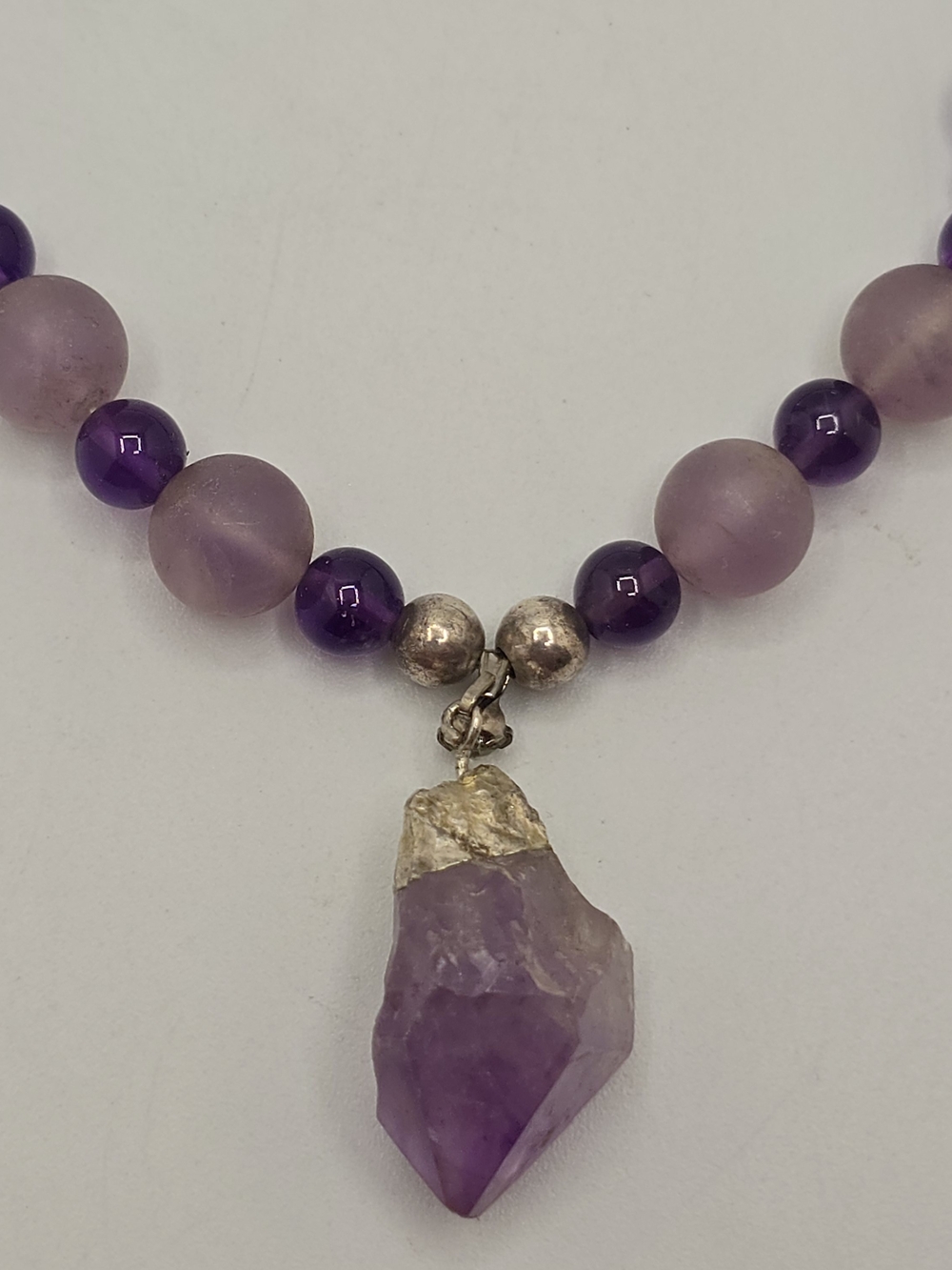 Amethyst Beaded Necklace Raw Crystal Point Pendant Purple Glass Beads 17.5"
